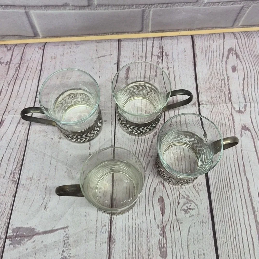 4~Turkish Coffee Italian Espresso Demitasse Silver Plate Metal Holder Glass Cups